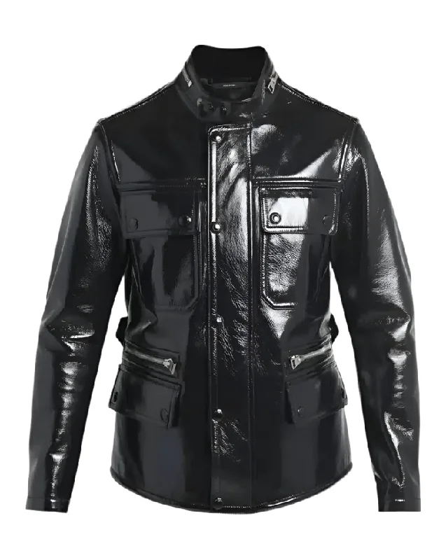 Men's breathable utility coat-Tom Ford Mens Shiny Crackled Leather Jacket in Black