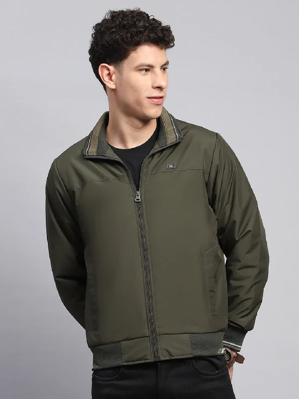 Men's summer windbreaker-Men Olive Solid Collar Full Sleeve Jacket