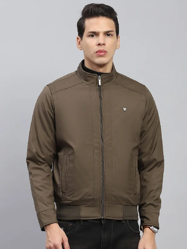 Men's tech-inspired rain jacket-Men Olive Solid Mock Neck Full Sleeve Jacket