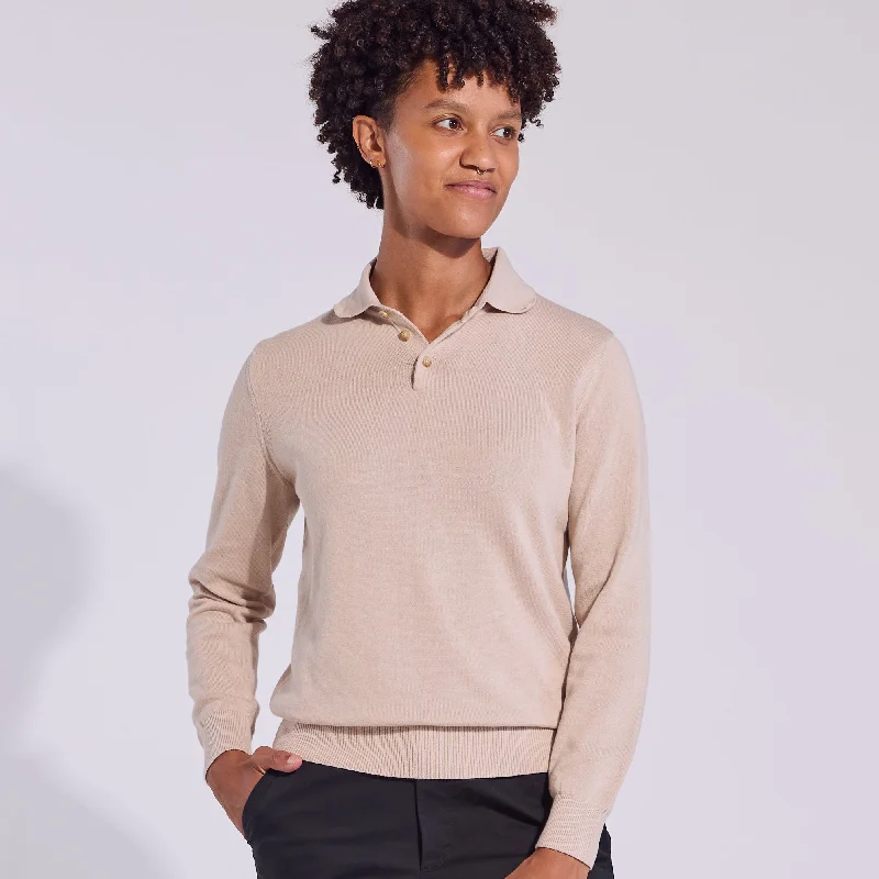 Men's hemp polo shirt-Cream Long Sleeve Polo Sweater