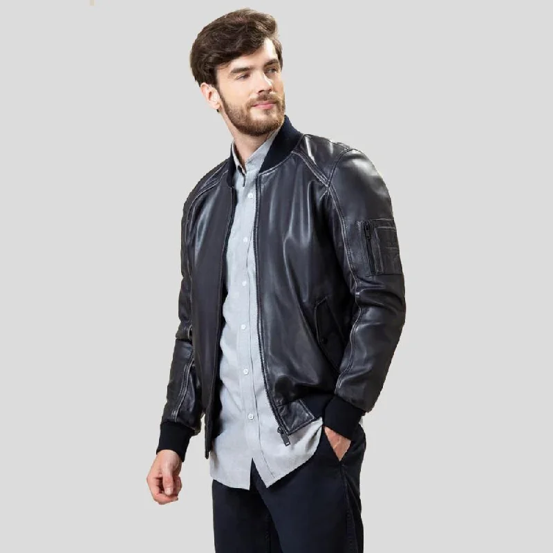 Men's eco-conscious utility coat-Abramo Black Bomber Lambskin Leather Jacket