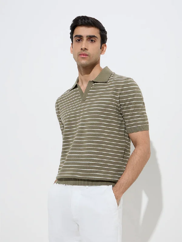 Men's resort polo shirt-Ascot Olive Striped Relaxed-Fit Cotton-Blend Polo T-Shirt