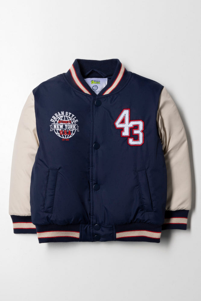 Men's fashionable puffer jacket-Baseball Bomber Jacket Navy And Cream