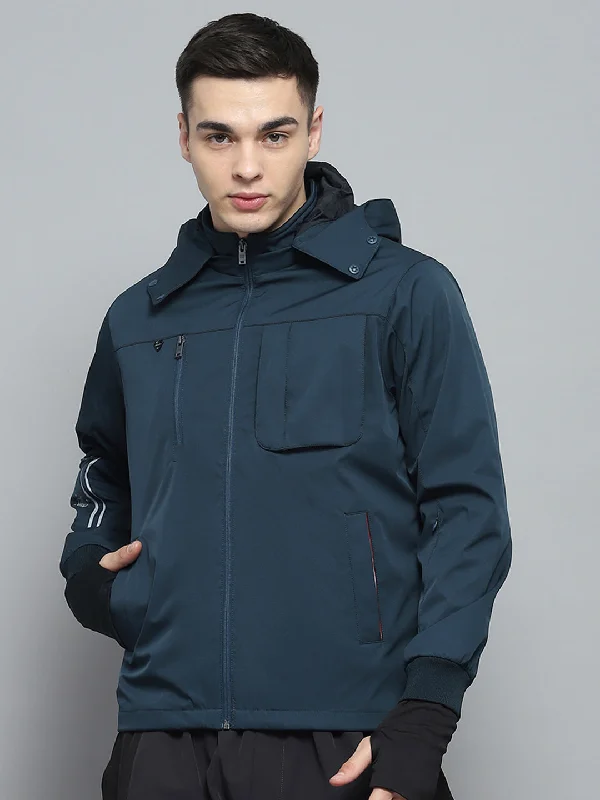 Men's naturally cooling jacket-Men Teal Blue Solid Detachable Hood Full Sleeve Jacket