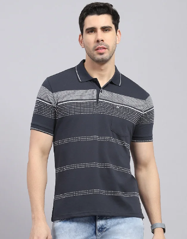 Men Charcoal Stripe Polo Collar Half Sleeve T-Shirt