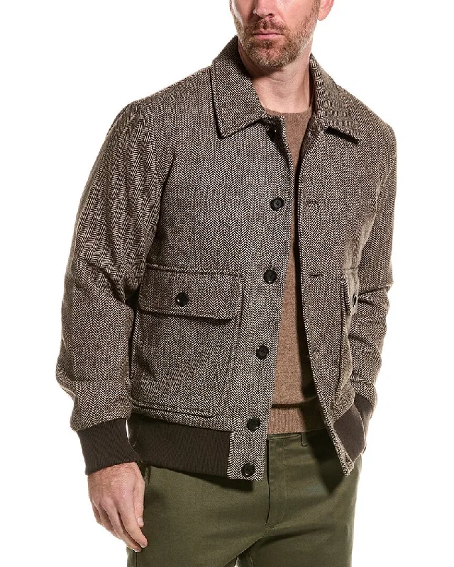 Men's versatile raincoat-Slate & Stone Herringbone Wool-Blend Bomber Jacket