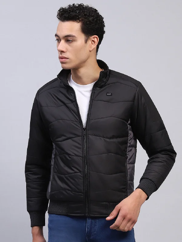 Men's organic utility jacket-Men Black Solid Mock Neck Full Sleeve Jacket