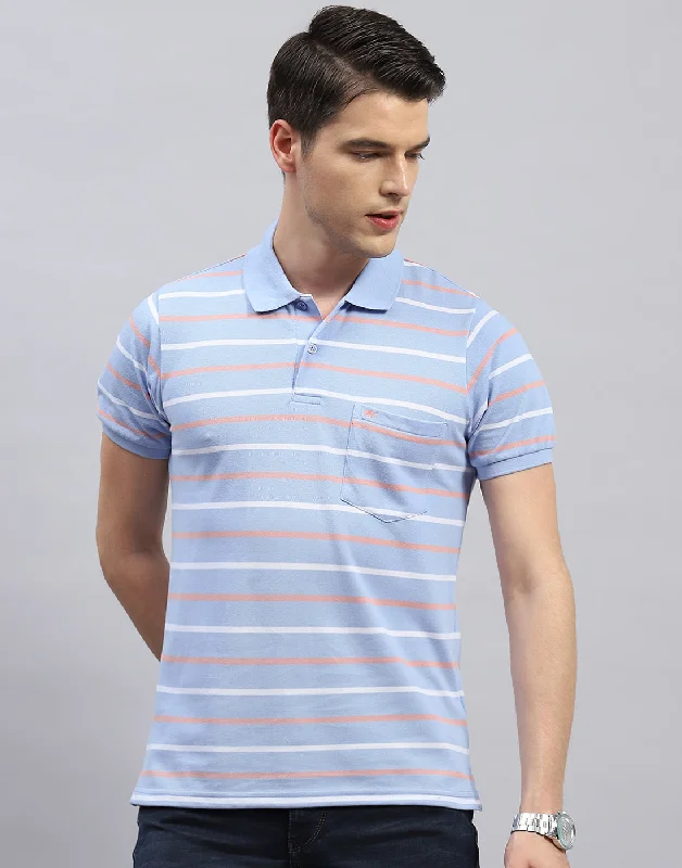 Men Sky Blue Stripe Polo Collar Half Sleeve T-Shirt