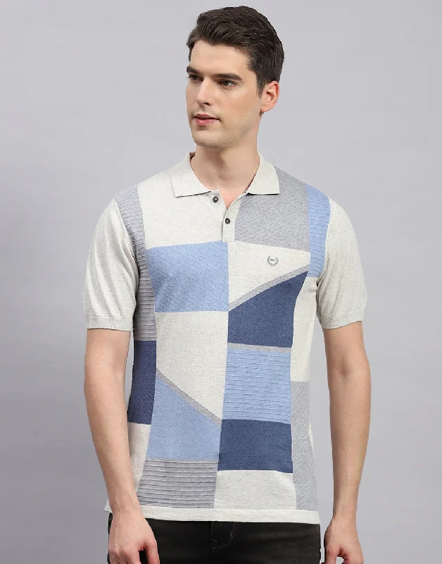 Men Beige Stripe Polo Collar Half Sleeve T-Shirt