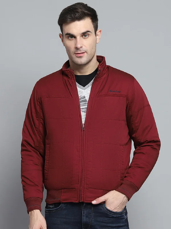 Men's fashion-forward anorak-Men Maroon Solid Mock Neck Full Sleeve Jacket