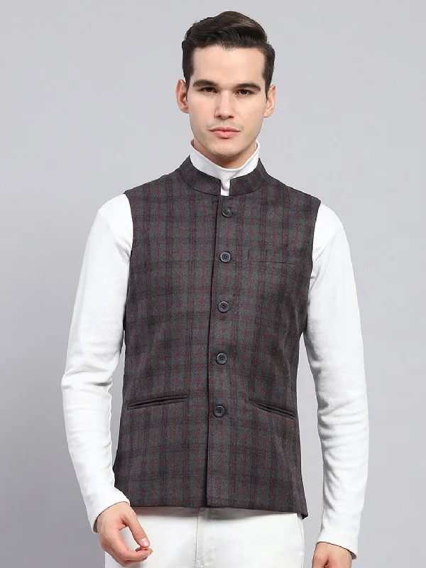 Men's wrinkle-free field jacket-Men Grey Check Band Collar Sleeveless Jacket