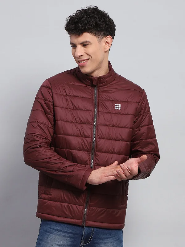 Men's sustainable puffer coat-Men Maroon Solid Mock Neck Full Sleeve Jacket