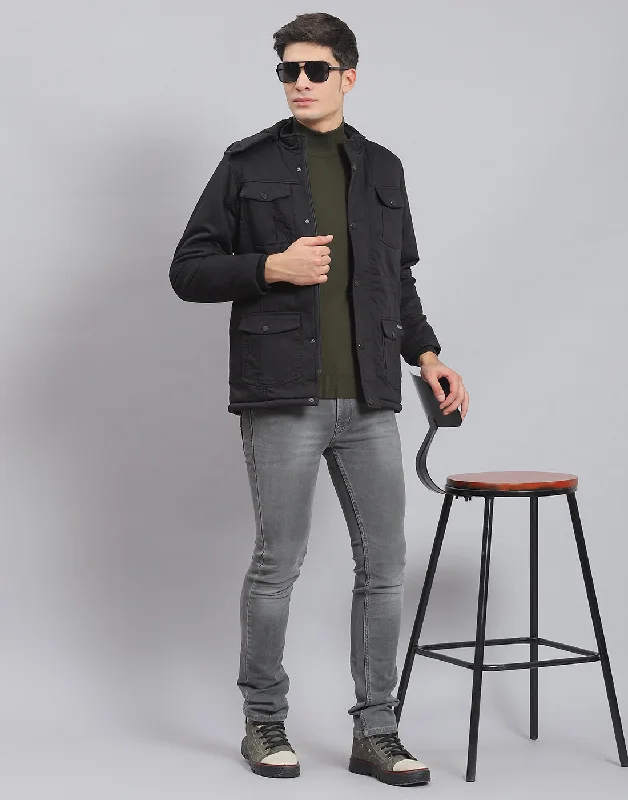 Men's non-iron bomber jacket-Men Black Solid Hooded Full Sleeve Jacket