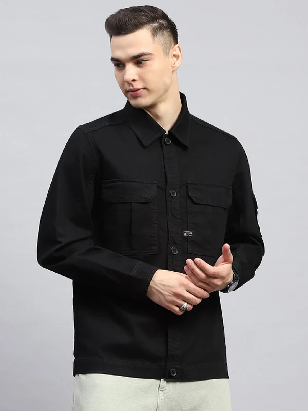 Men's summer softshell jacket-Men Black Solid Collar Full Sleeve Jacket