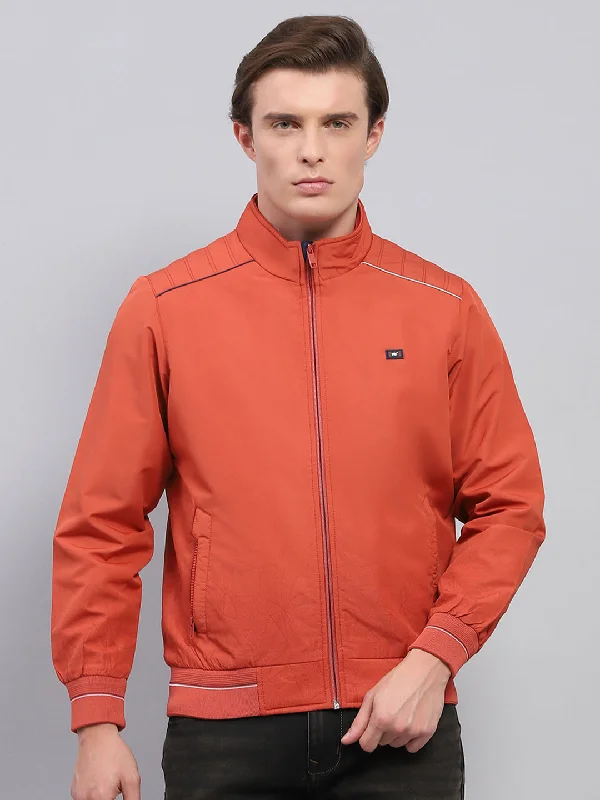 Men's summer field jacket-Men Rust Solid Mock Neck Full Sleeve Jacket