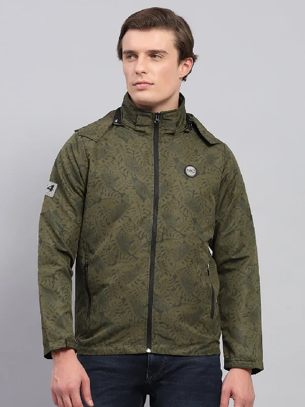 Men's pre-washed field jacket-Men Green Printed Detachable Hood Full Sleeve Jacket