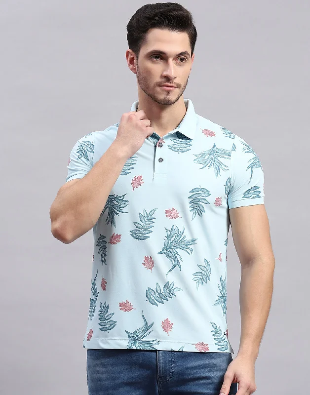 Men Sky Blue Printed Polo Collar Half Sleeve T-Shirt