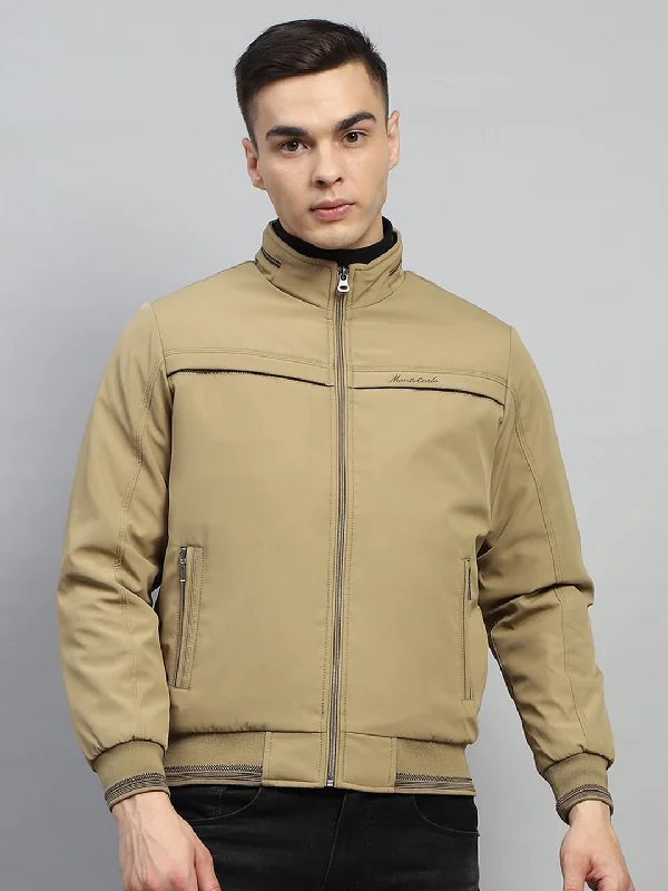 Men's versatile leather jacket-Men Beige Solid Mock Neck Full Sleeve Jacket