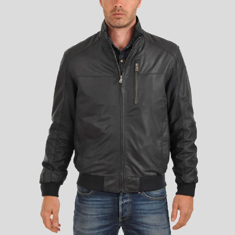 Men's summer windbreaker-Cole Black Bomber Leather Jacket