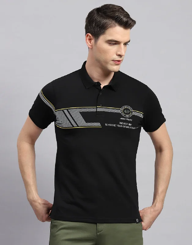 Men Black Printed Polo Collar Half Sleeve T-Shirt