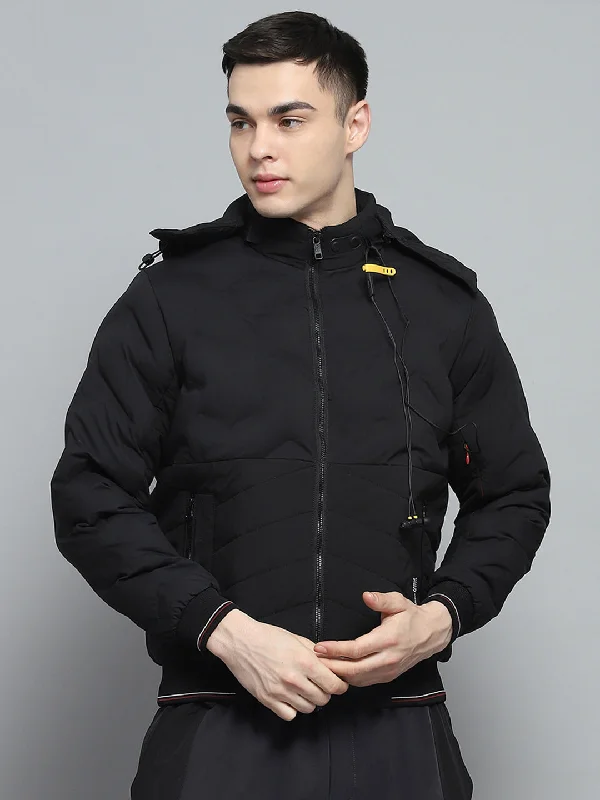 Men's pre-washed field jacket-Men Black Solid Detachable Hood Full Sleeve Jacket